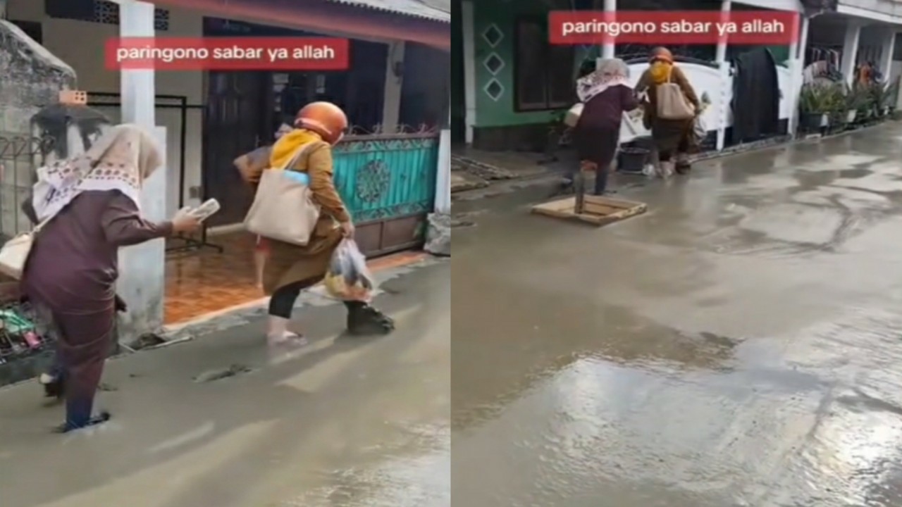 Viral Emak-emak Terobos Jalan Cor yang Masih Basah, Warganet: Mahkluk Terkuat di Bumi!