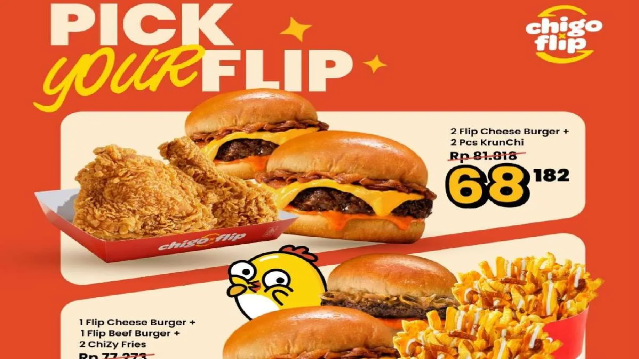 Promo Terbaru Chigo x Flip: 2 Flip Cheese Burger + 2 Pcs Krunci Cuma Rp68.000an
