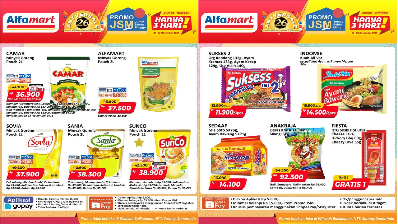 Promo JSM Terbaru Alfamart 21-23 November 2025: Minyak Goreng 2L Mulai Rp36.000an