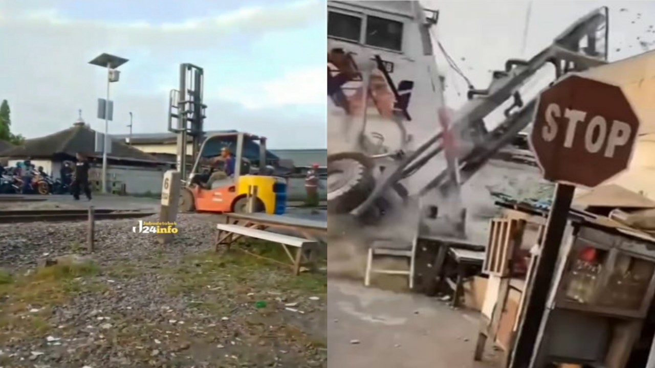 Viral Forklift Tertabrak Kereta Api di Surabaya hingga Hantam Warung