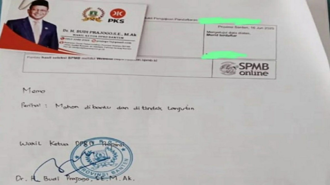 Viral Memo dari Wakil Ketua DPRD Banten Diduga Titipkan Siswa di SPMB 2025