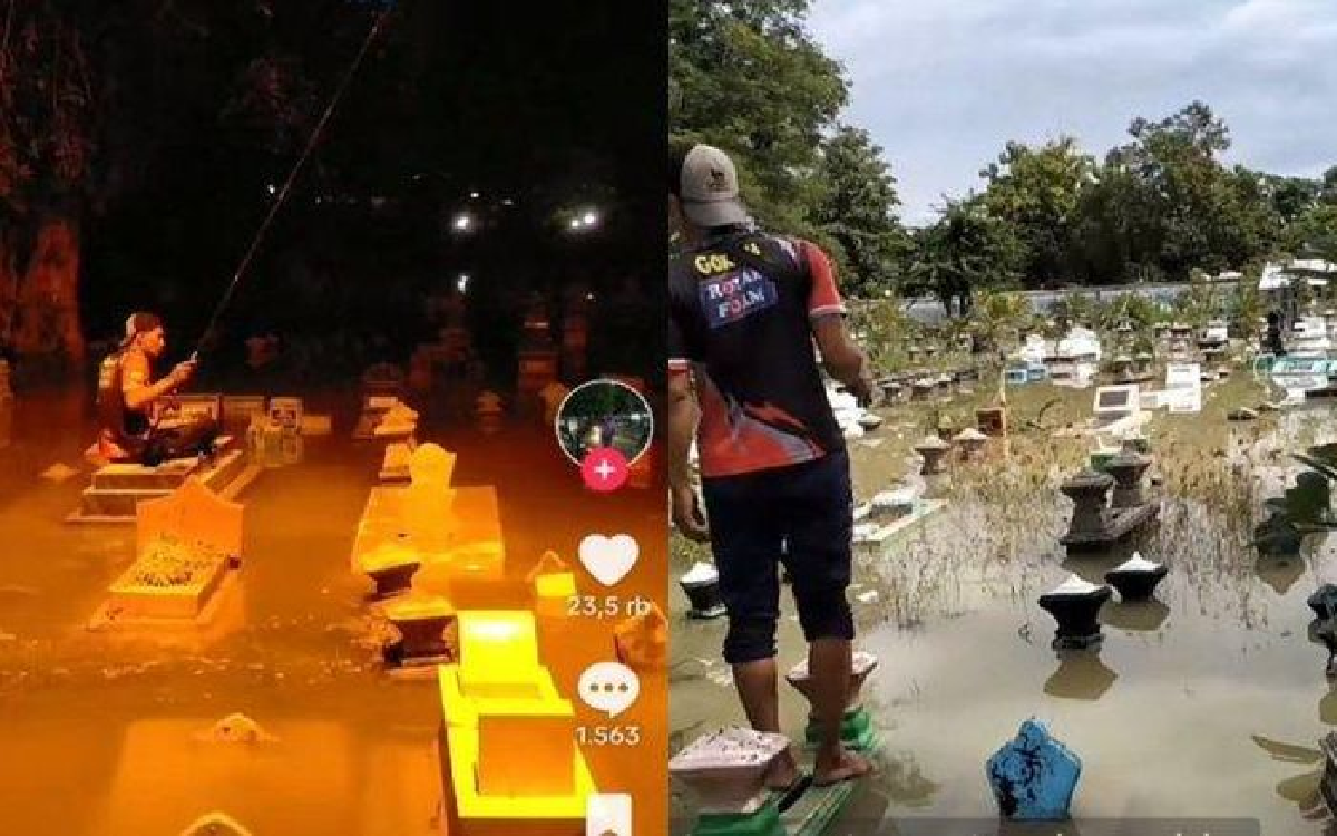 Ada-ada Aja! Viral Seorang Lelaki Mancing Ikan di Kuburan yang Sedang Kebanjiran