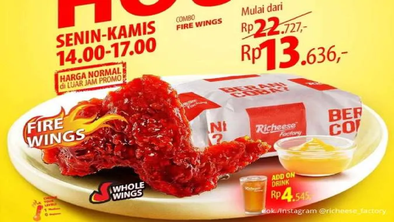 Promo Richeese Happy Hour, Berlaku Hanya Weekday: Combo Fire Wings Mulai Rp 13.000an