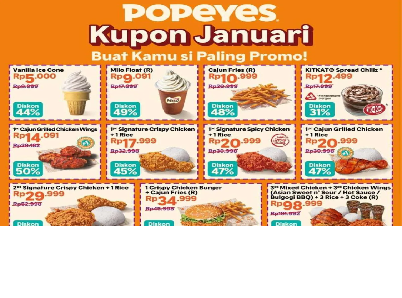 YES! Ada Diskon Terbaru Popeyes: Kupon Januari Potongan Hingga 52 Persen