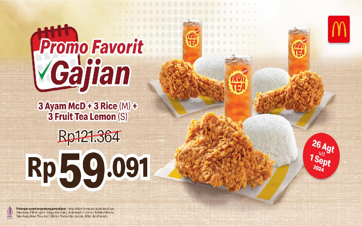 Ambil Promo MCD Paket Favorit 3 Ayam, 3 Nasi, 3 Lemon Tea Rp 59.091: Terakhir 1 September 2024