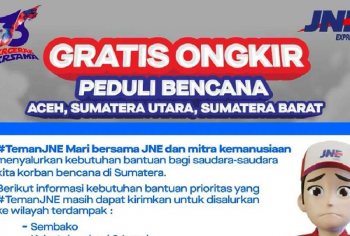 JNE Peduli Bencana Sumatera: Ada Gratis Ongkir sampai 10kg, Cek Syaratnya